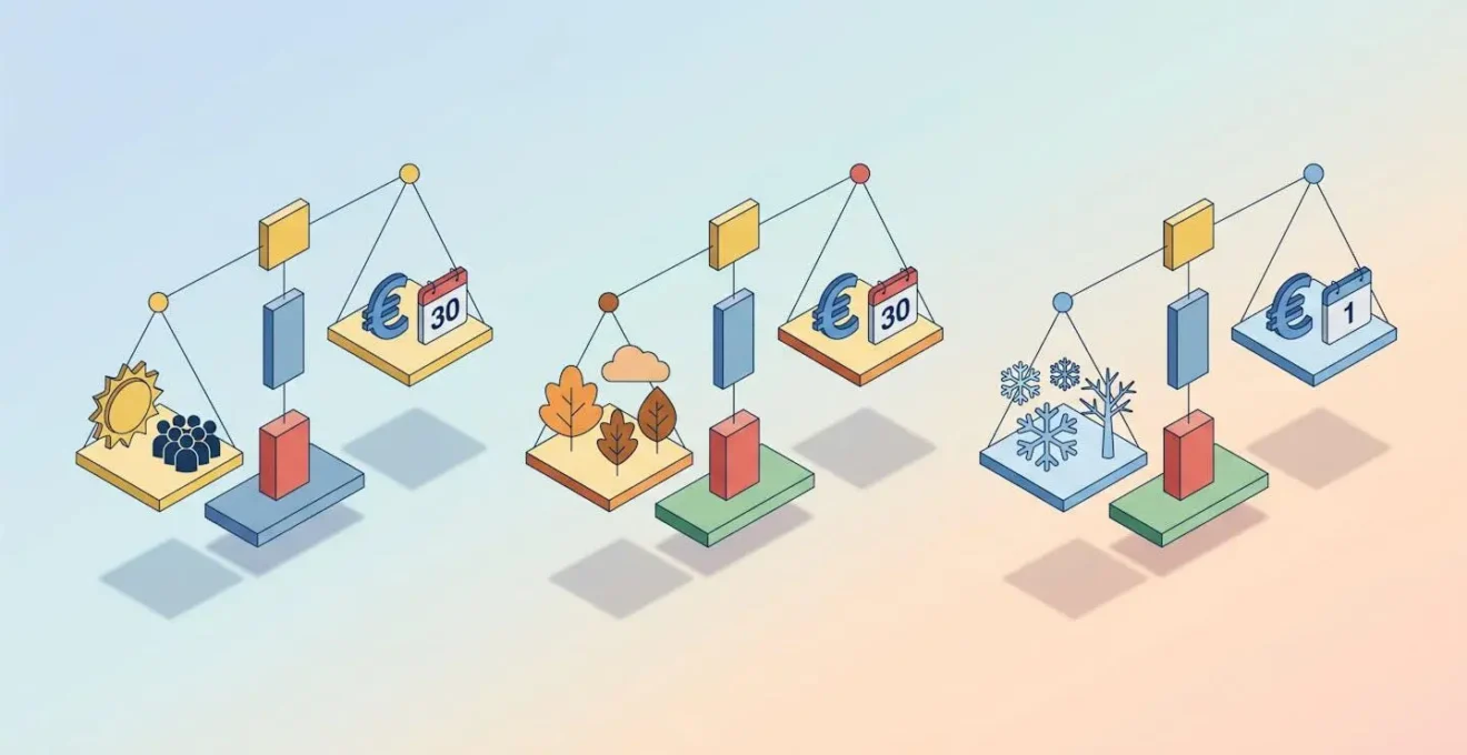 Balance géométrique 3D en lévitation avec plateaux montrant arbitrage prix-conditions selon saisons, style isométrique minimaliste